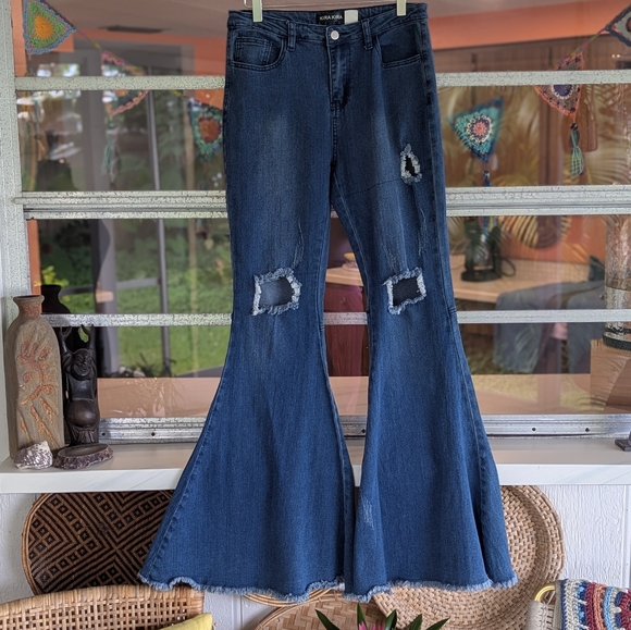 Kira Kira Large Denim Bell-bottoms Distressed Flare Jeans Blue Bohemian Hippie - Picture 1 of 16